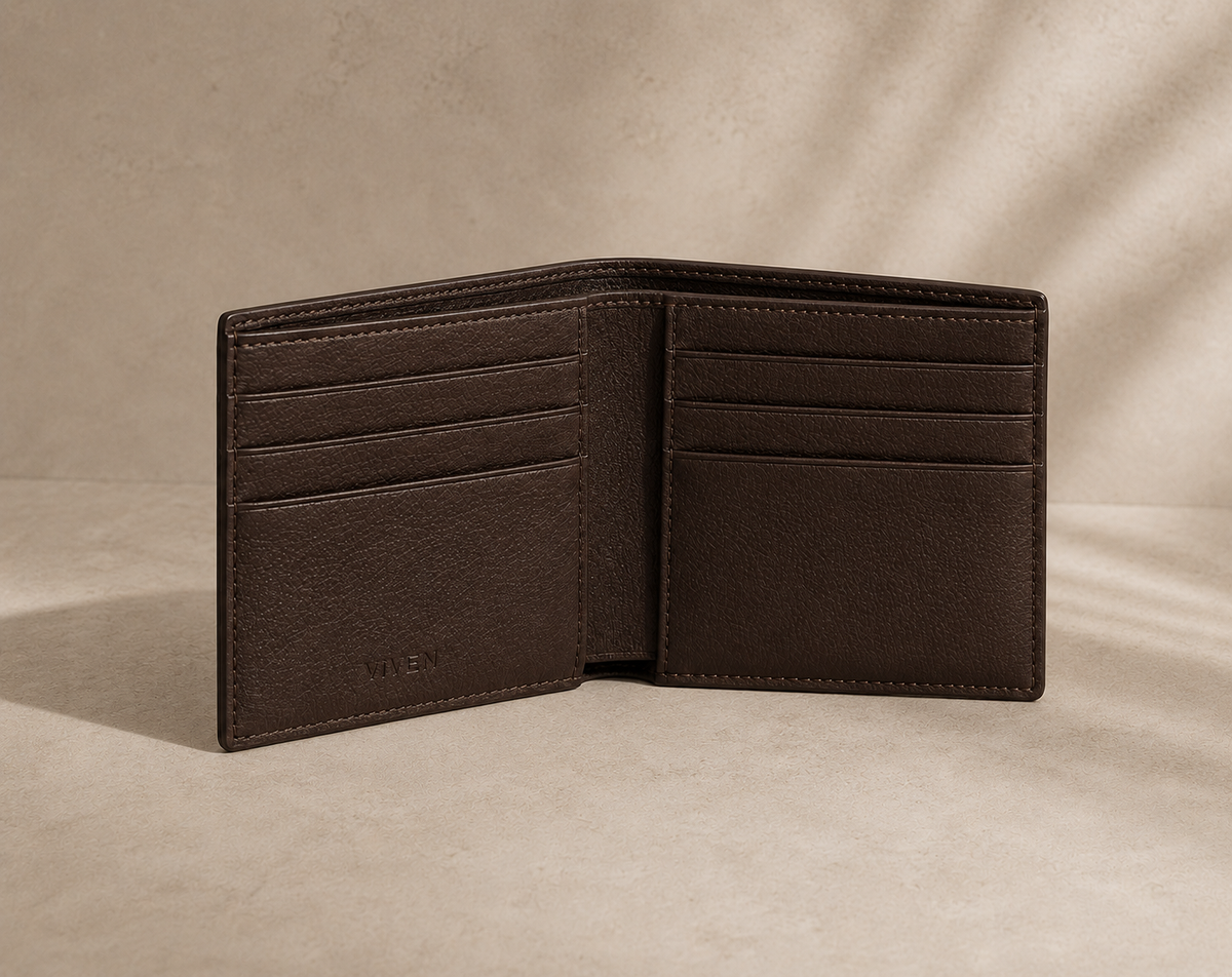 Maison Viven Founder Wallet in chocolate-brown leather with symmetrical card-slot interior