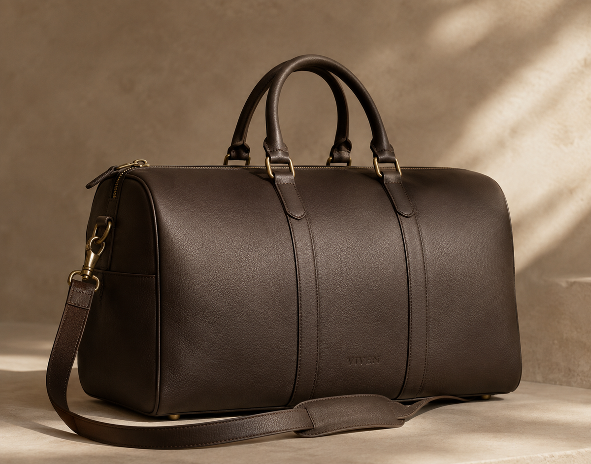 Maison Viven Weekender Bag in chocolate-brown leather with antique-brass hardware