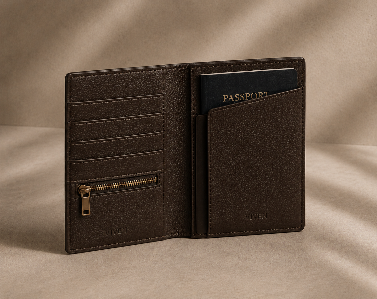 Maison Viven Passport Companion in chocolate-brown leather with passport, card slots and antique-brass zipper